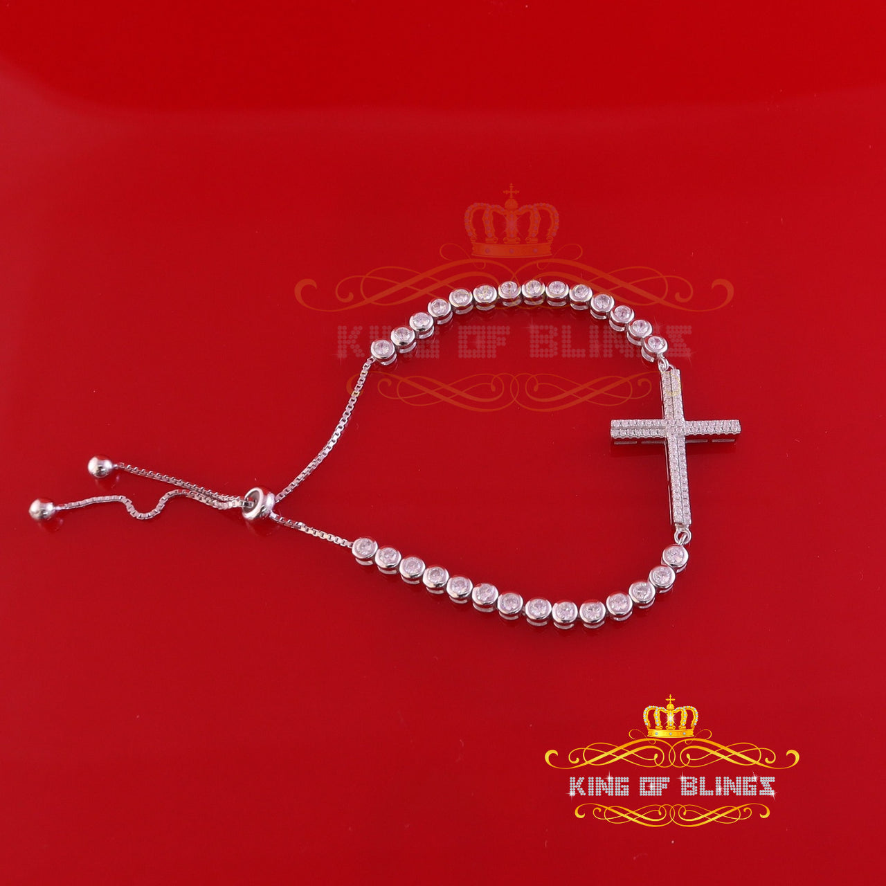 King Of Bling's White 925 Silver Cross Shape Men's/Women Bracelet Cubic Zirconia Adjustable SZ 7