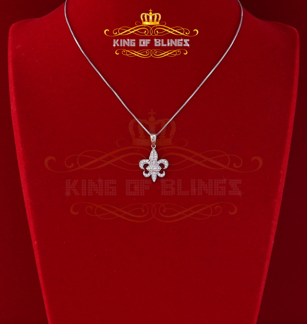 King Of Bling's 925 Sterling Silver Fleur de Lis White Shape Pendant with 0.45ct Cubic Zirconia