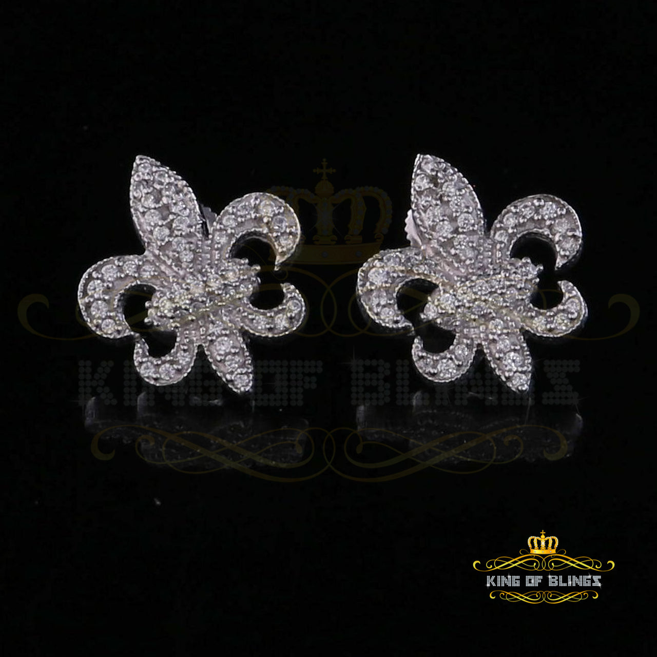 King of Blings- Fleur de Lis White 925 Silver Screw Back 0.96ct Cubic Zirconia Women's Earrings KING OF BLINGS