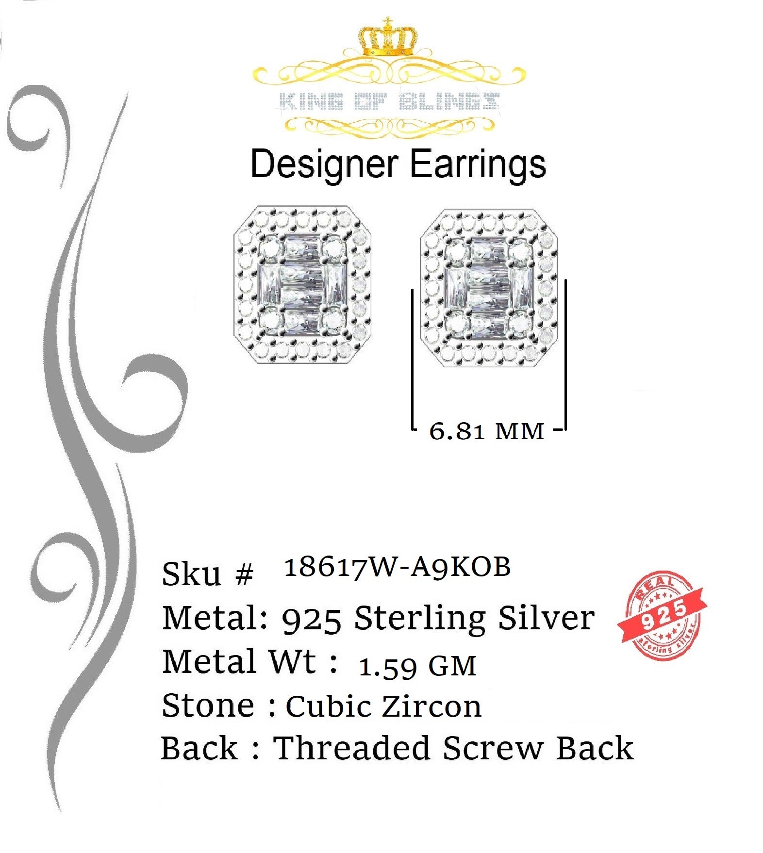 King of Blings- 925 Hip Hop White Sterling Silver 0.64ct Cubic Zirconia Women's Square Earrings KING OF BLINGS