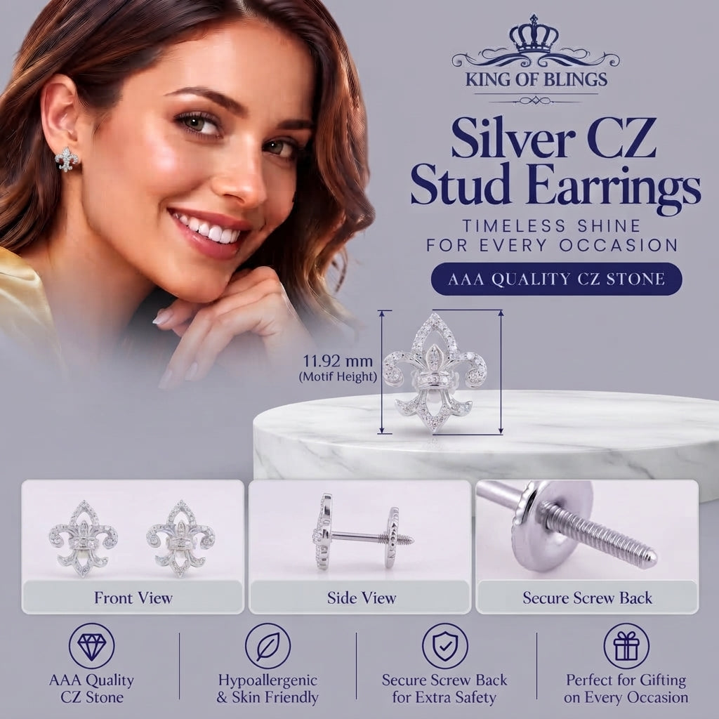 King of Bling's 0.60ct Cubic Zirconia 925 White Silver Women's Fleur de Lis Screw Back Earrings KING OF BLINGS
