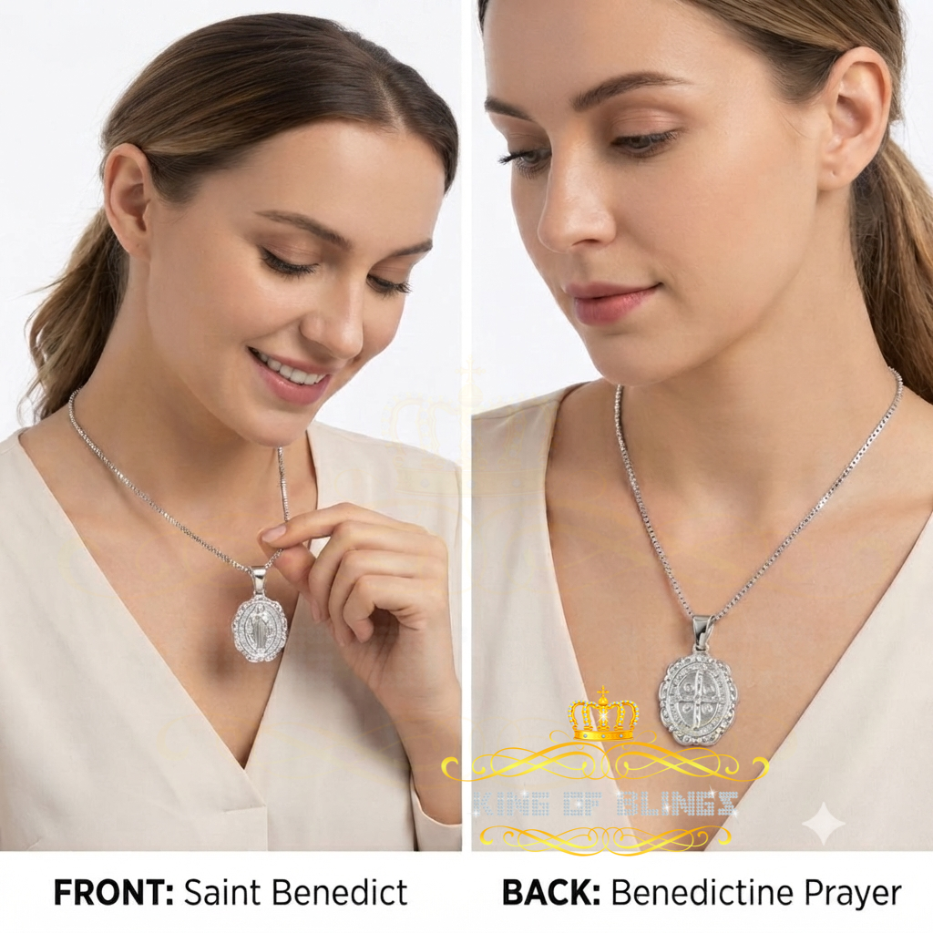 King Of Bling's 925 Sterling Silver Double Side Oval Benedict Men/Women Pendant White Religious