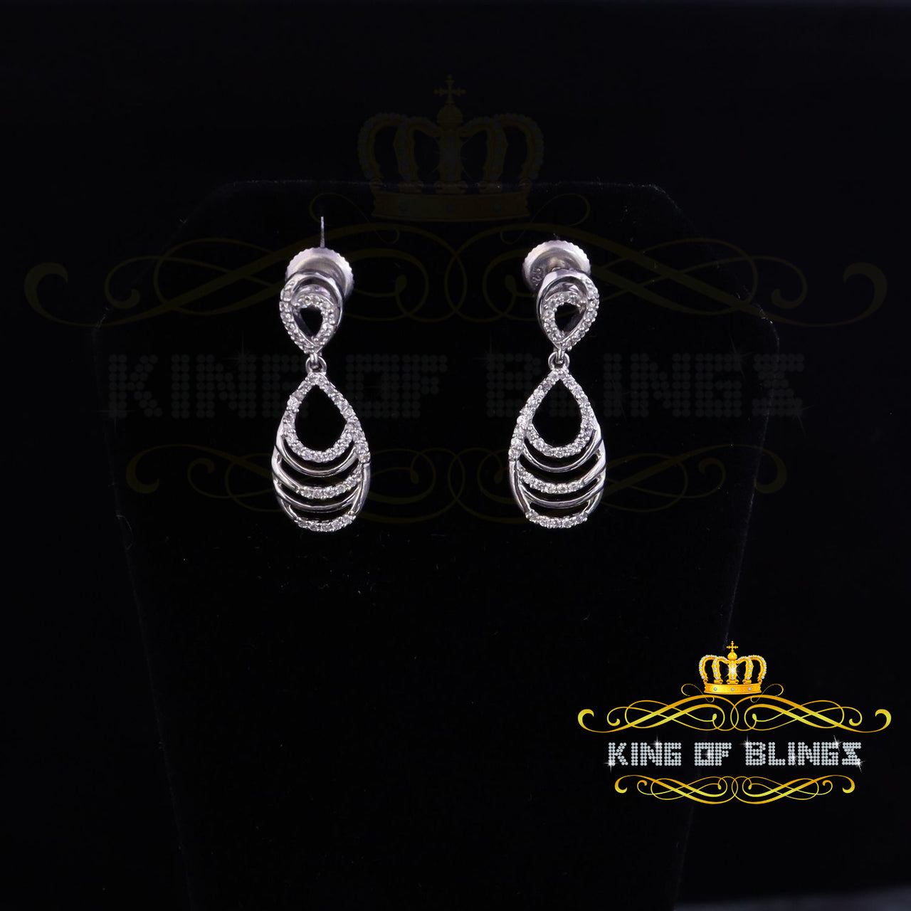 King of Bling's 925 Sterling White 0.86ct Silver Cluster Set Dangling Hip Hop Women's Earrings