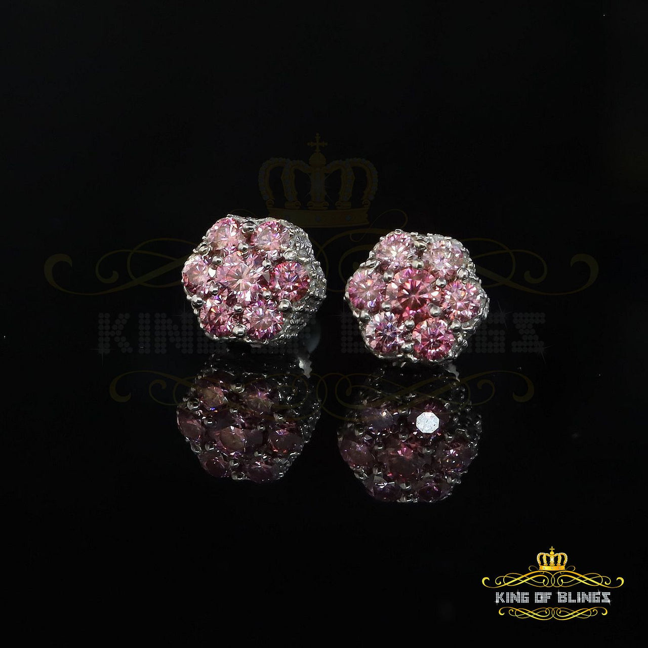 King of Bling's 2.00CT VVS 'D' Pink Moissanite Men's/Women 925 White Silver 7stone Stud Earrings
