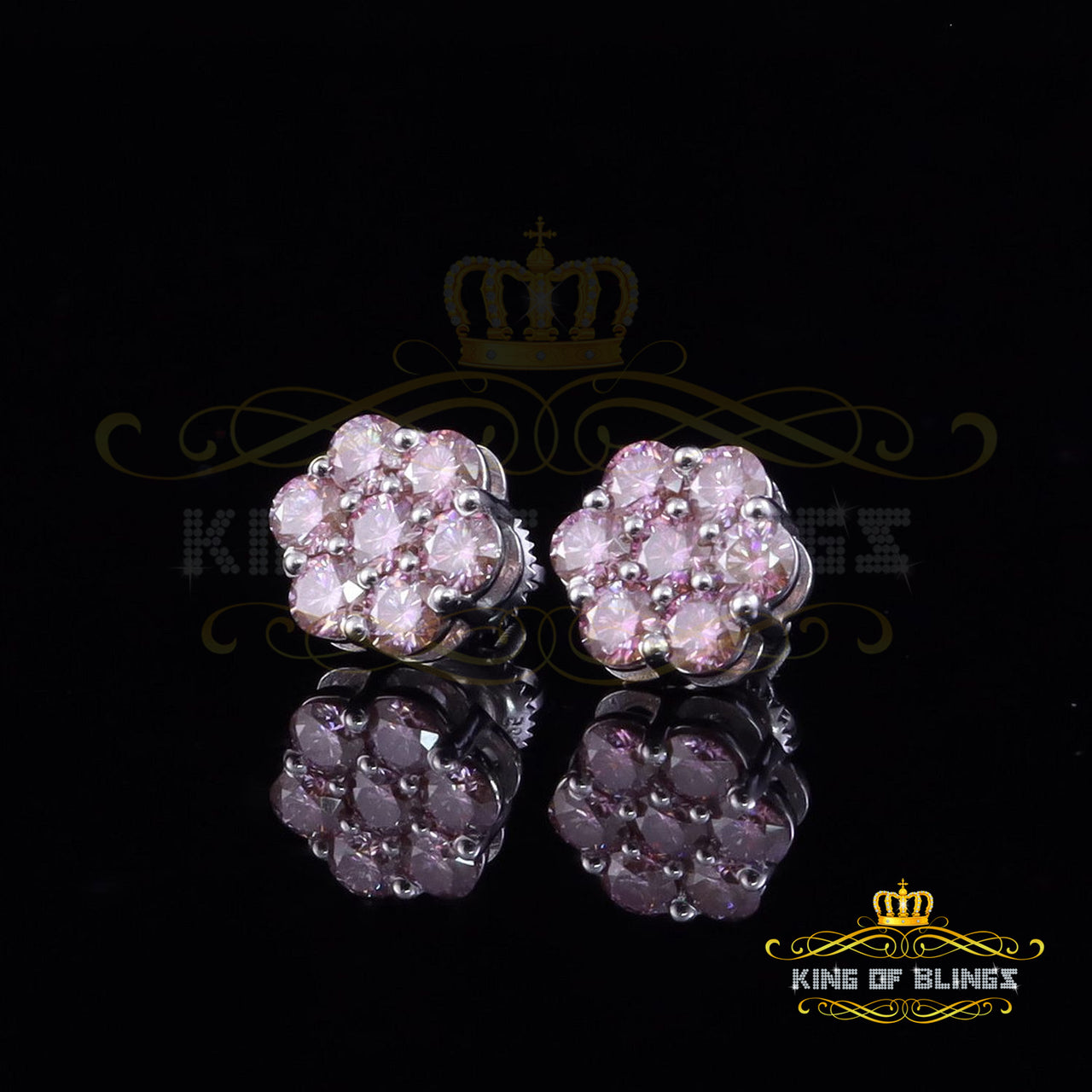 King of Bling's Men's/Women's 925 Silver White 2.25ct VVS D Pink Moissanite Floral Stud Earrings