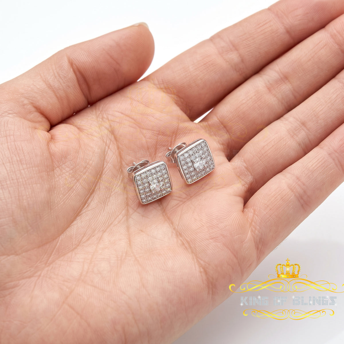 King of Bling's White 925 Silver 0.81ct Cubic Zirconia Women's & Men's Hip Hop Square Earrings KING OF BLINGS