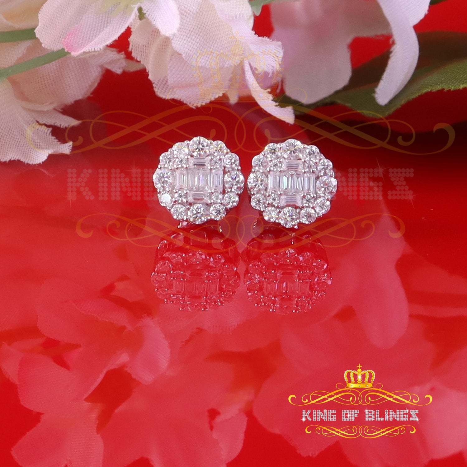 King of Blings Men's/Women Silver White 1.0ct VVS 'D' Moissanite Floral Baguette Earrings KING OF BLINGS