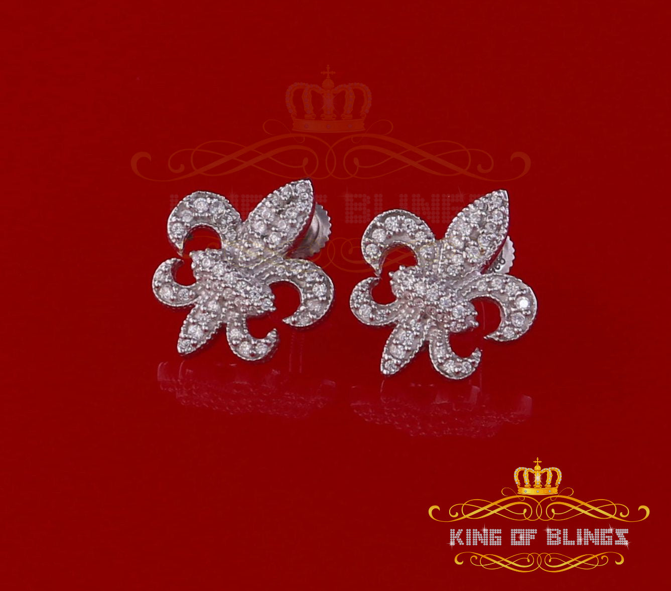 King of Blings- Fleur de Lis White 925 Silver Screw Back 0.96ct Cubic Zirconia Women's Earrings KING OF BLINGS