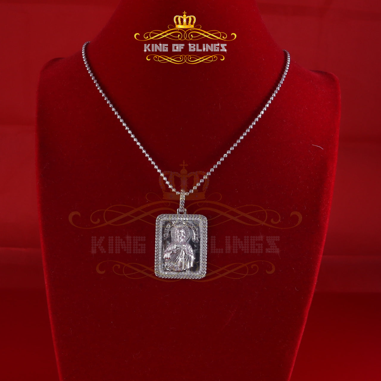 King Of Bling's Men's 925 San Judas Silver 0.66ct CZ Square 1.00 inch SAINT JUDE White Pendant