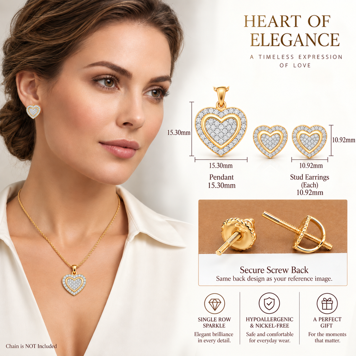 King of Bling's 925Yellow Silver 0.50CT Diamond Double-Layer Concentric Heart Pendant&EarringSet King of Blings