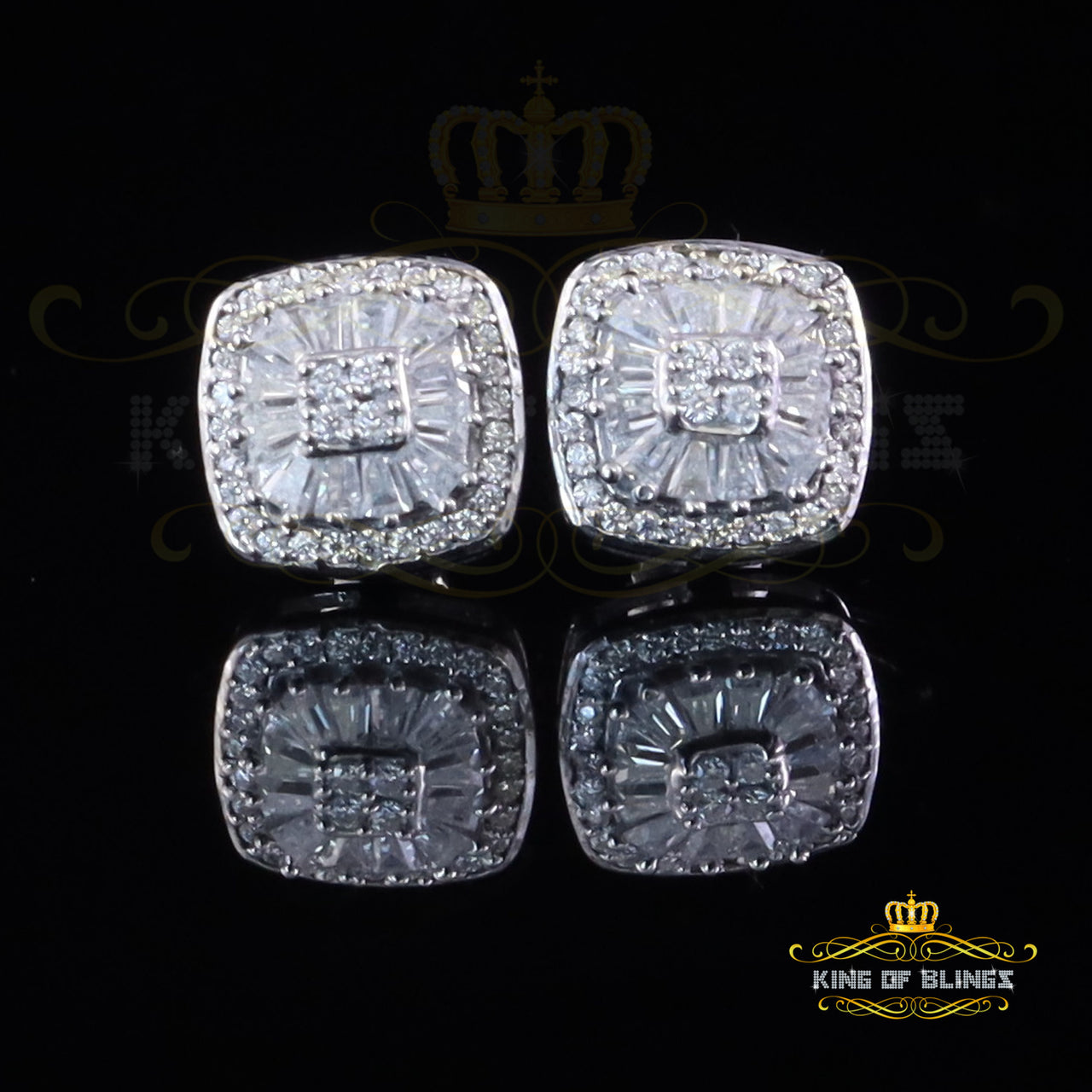 King of Bling's White Silver 1.00ct VVS 'D' Moissanite Floral Square Earring Men's/Womens KING OF BLINGS