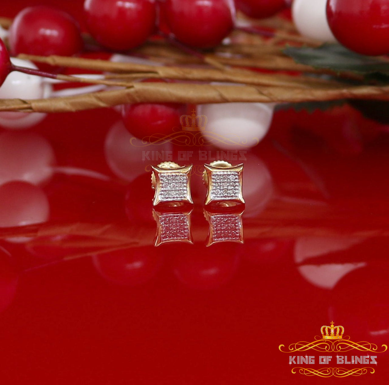 King Of Bling's 10K Real Yellow Gold with 0.05ct Real Diamond Square Stud Earring for Men/Women