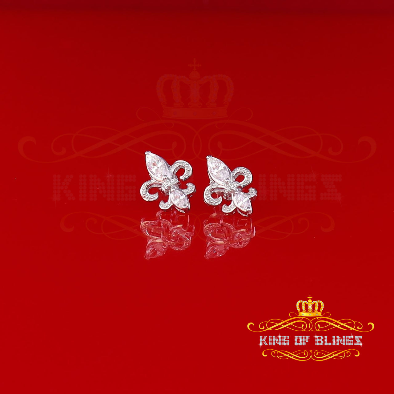 King of Bling's 925 White Silver Ladies Fleur de Lis Screw Back 2.43ct Cubic Zirconia Earrings
