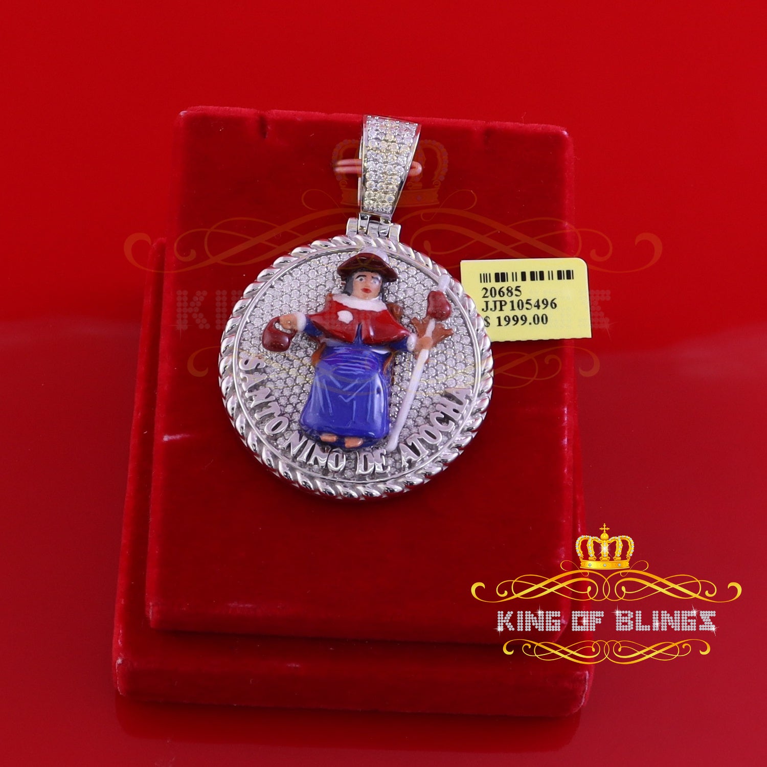 King Of Bling's Sterling Silver White "SANTO NINO DEATOCHA" Pendant with 3ct Genuine Moissanite KING OF BLINGS