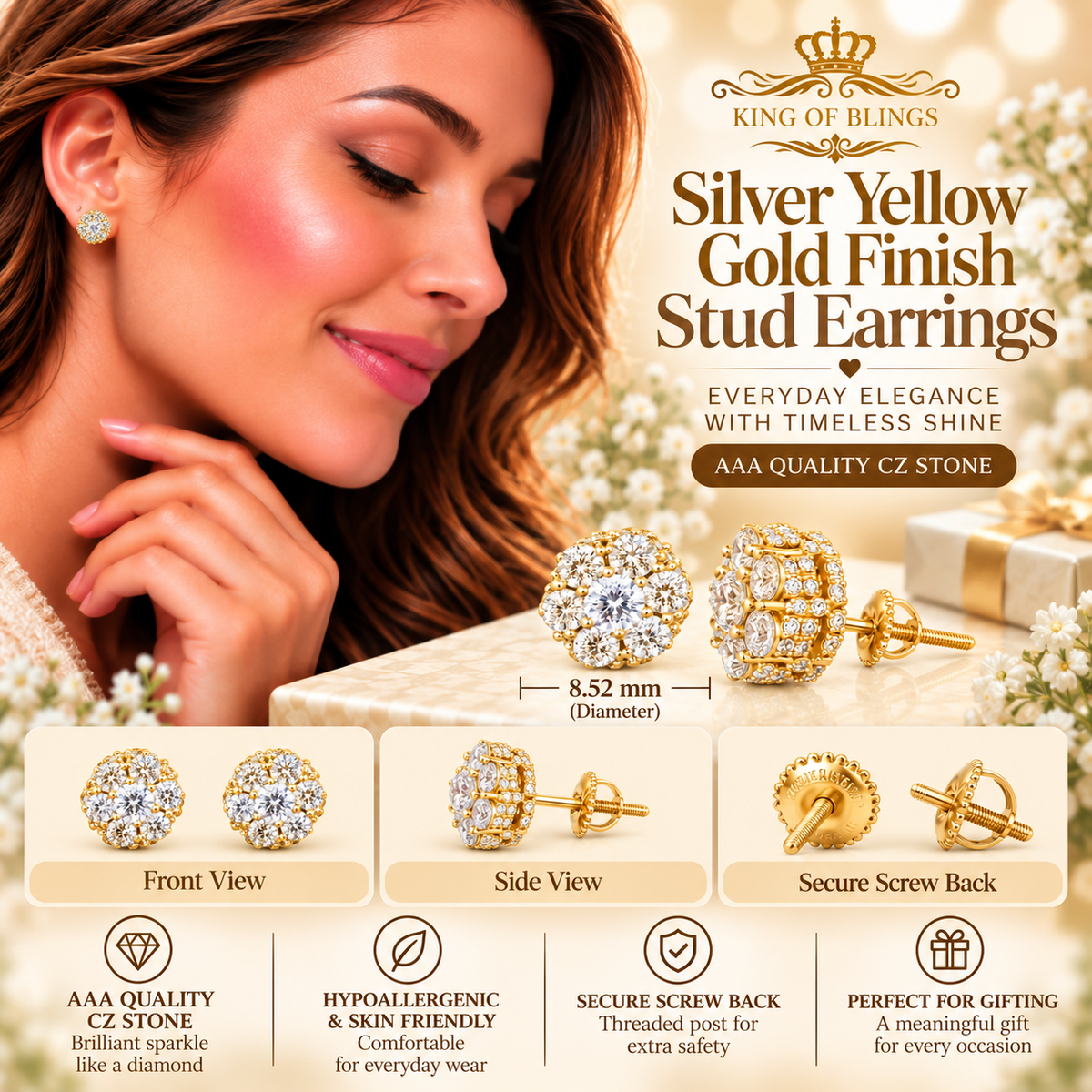 King of Bling's 1.50ct Cubic Zirconia Sterling Yellow Silver For Men's / Women's Round Earrings KING OF BLINGS