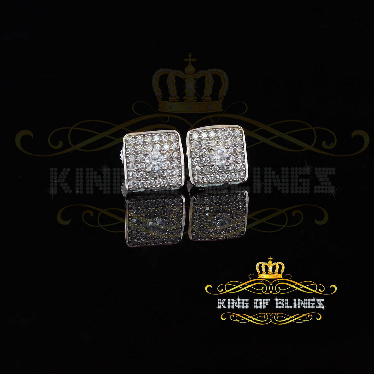 King of Bling's White 925 Silver 0.81ct Cubic Zirconia Women's & Men's Hip Hop Square Earrings