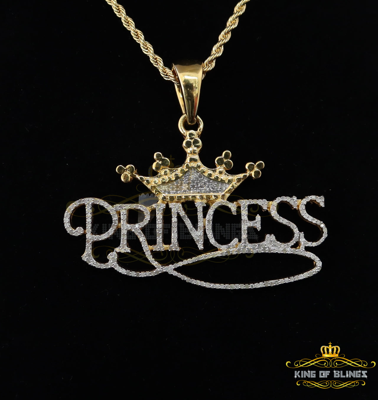 King Of Bling's New Women's 1.33ct Real Diamond 925 Silver RINCESS CROWN Yellow 2.25inch Pendant