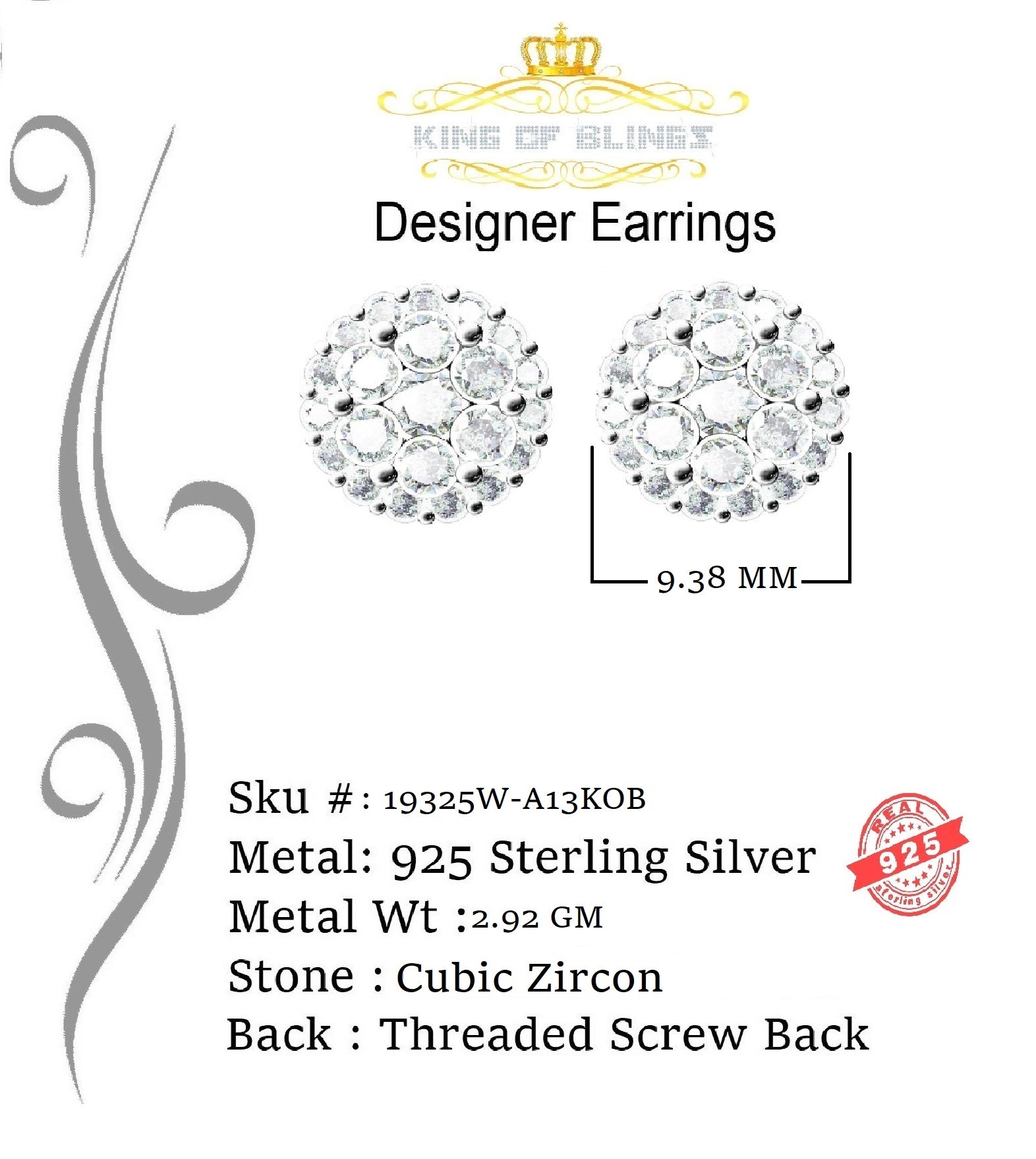 King of Blings- Aretes Para Hombre 925 White Silver 2.45ct Cubic Zirconia Round Women's Earring KING OF BLINGS