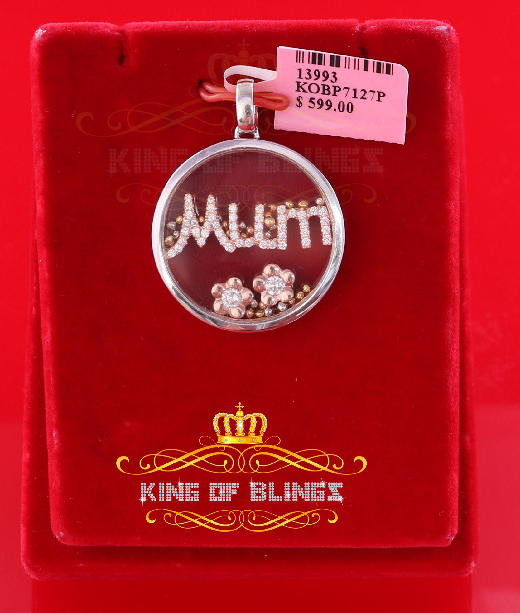 King Of Bling's White 925 Sterling Silver Charming Mum Letter Pendant Style with Cubic Zirconia KING OF BLINGS