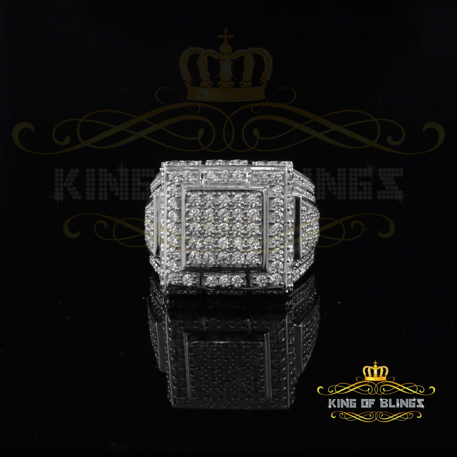 King Of Bling'sWhite Silver 6.25ct Cubic Zirconia Square Men's Adjustable Ring From SZ 9 to 11 KING OF BLINGS