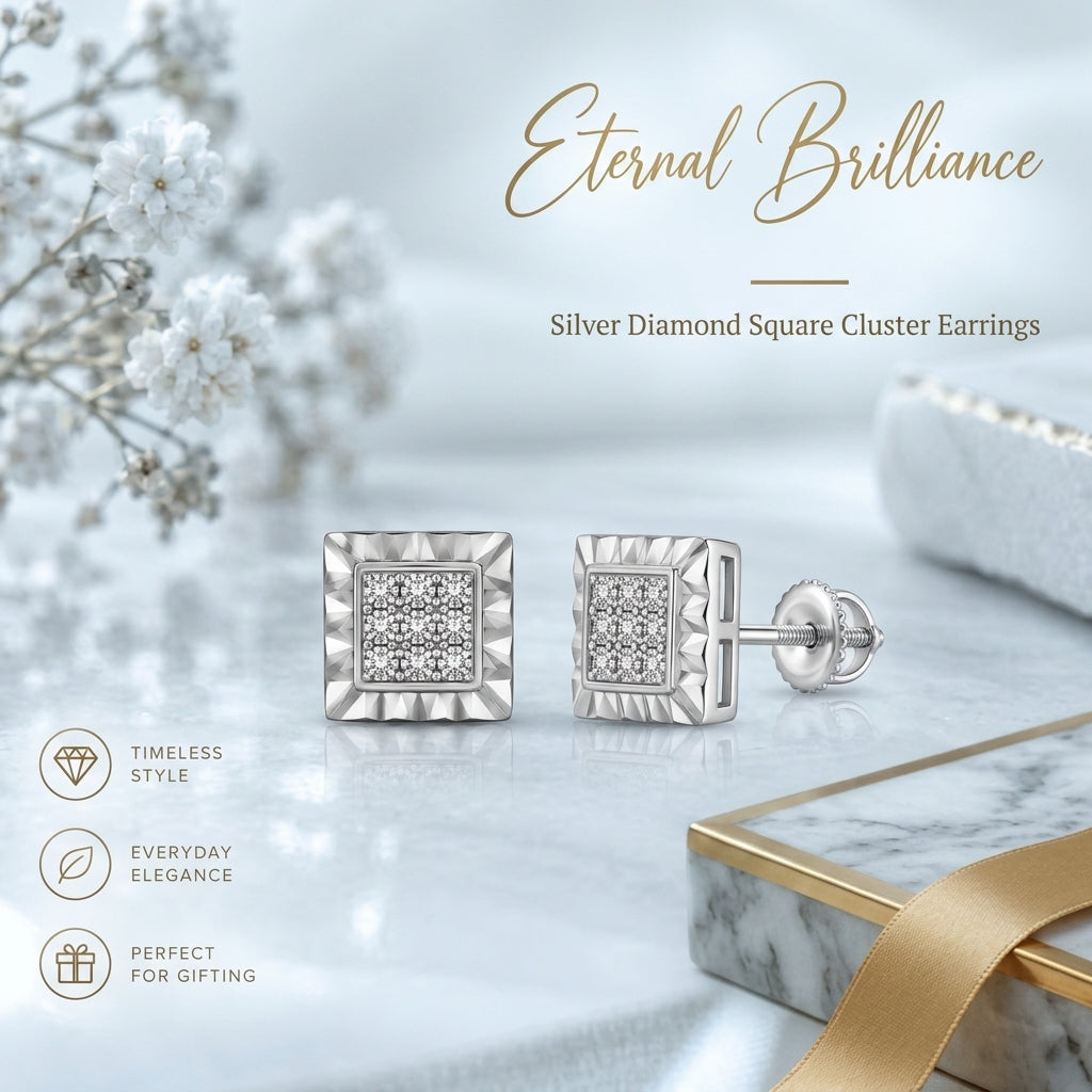 King Of Bling's 0.05ct Diamond For White 925 Sterling Silver Men's & Women's Square Earrings KING OF BLINGS