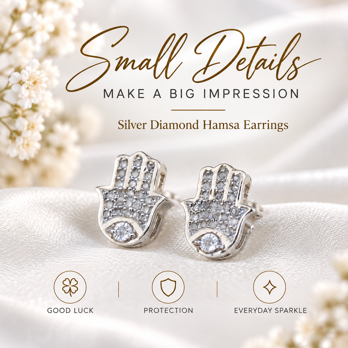 King Of Bling's Stud 925 White Sterling Silver 0.15ct Diamond Women's & Men's Hamsha Earrings KING OF BLINGS