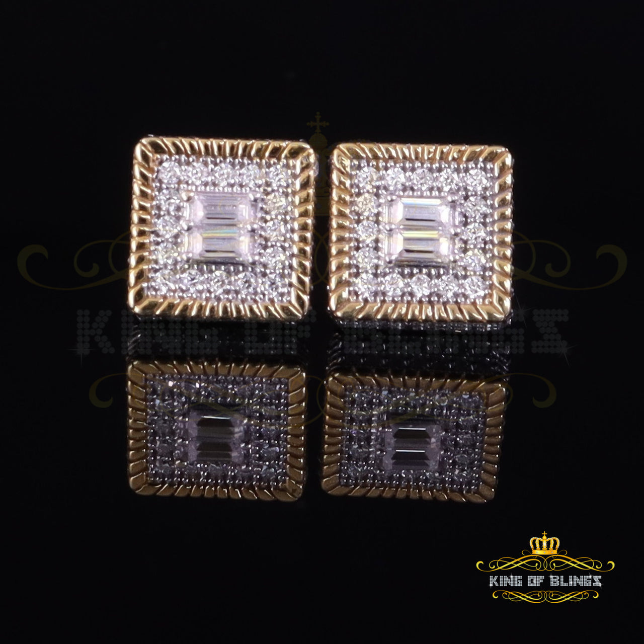 King  of Bling's Men's/Womens 925 Silver Yellow 1.00ct VVS 'D' Moissanite 3D Square Stud Earrings KING OF BLINGS