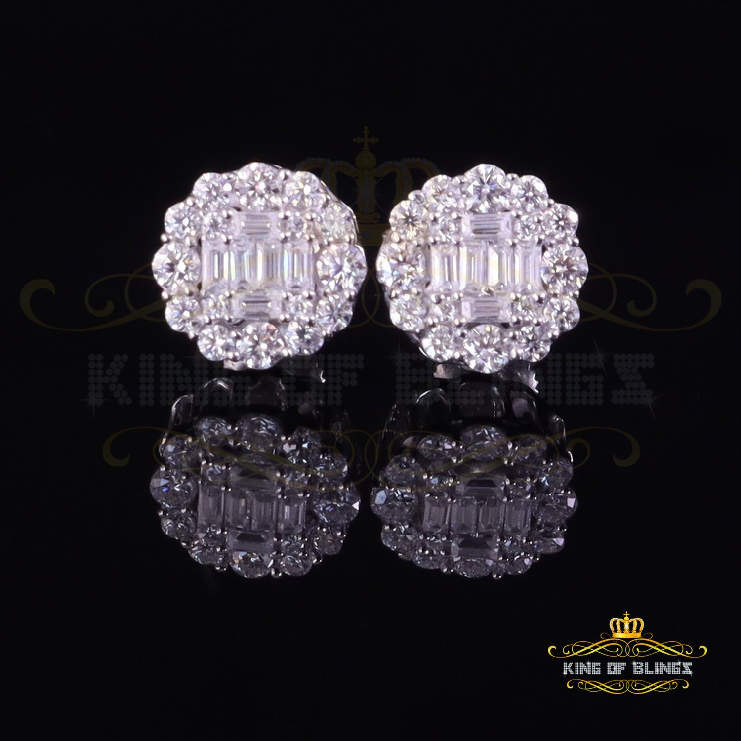 King of Blings Men's/Women Silver White 1.0ct VVS 'D' Moissanite Floral Baguette Earrings KING OF BLINGS