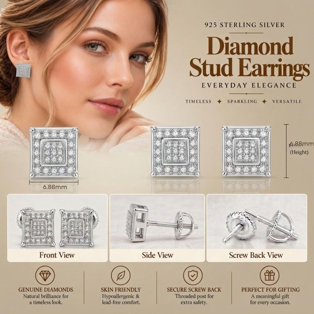 King Of Bling's 0.05ct Diamond 925 Sterling Silver White Stud Women's & Men's Square Earrings KING OF BLINGS