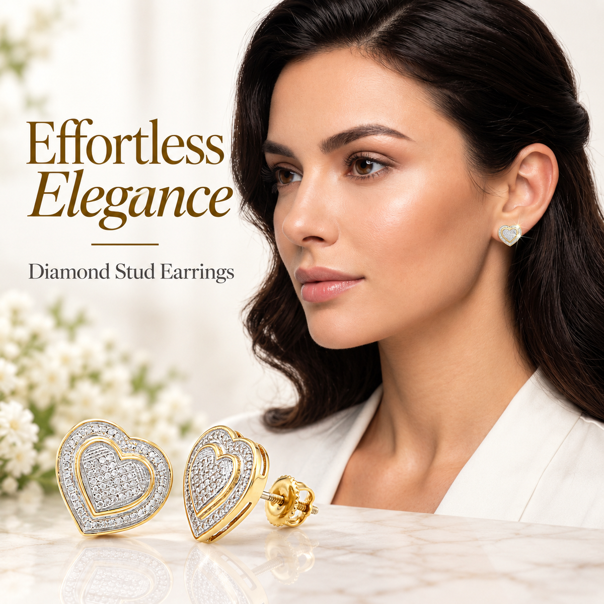 King Of Bling's Aretes Para Hombre Heart 925 Yellow Silver 0.33ct Diamond Women's Style Earrings KING OF BLINGS