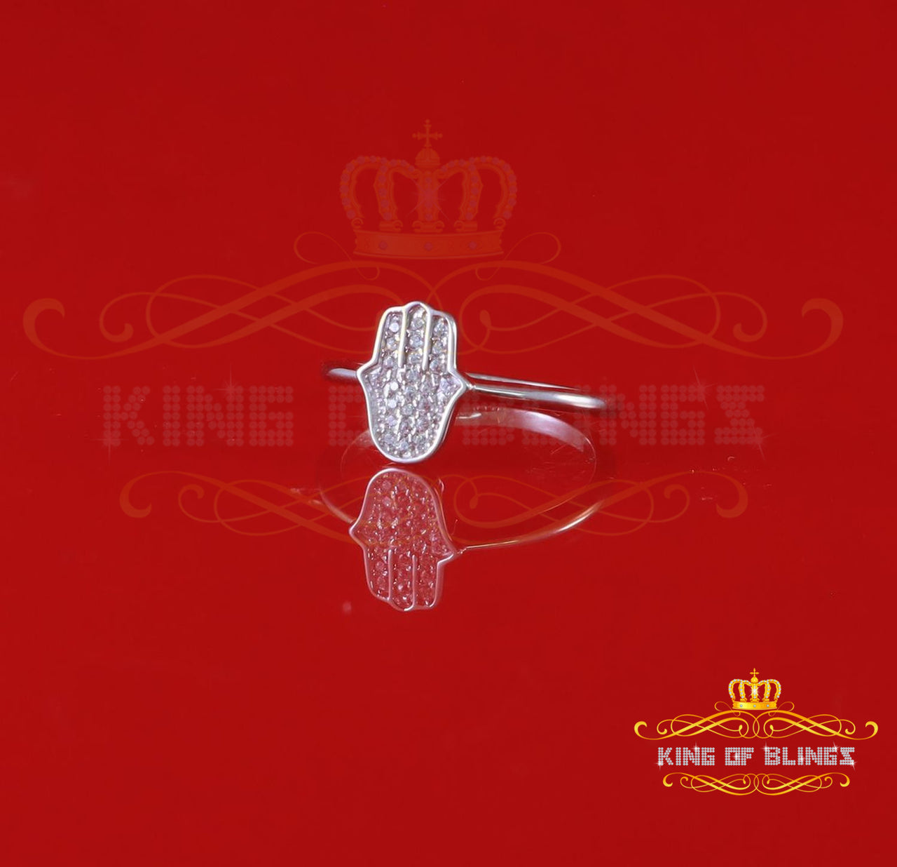 King Of Bling's925 Sterling White Silver Shiny Hamsa 0.40ct CZ Women's Ring Size 6
