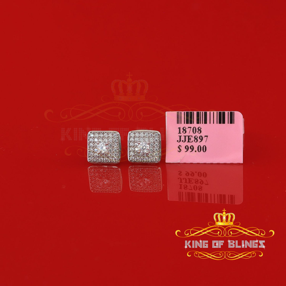 King of Bling's White 925 Silver 0.81ct Cubic Zirconia Women's & Men's Hip Hop Square Earrings KING OF BLINGS