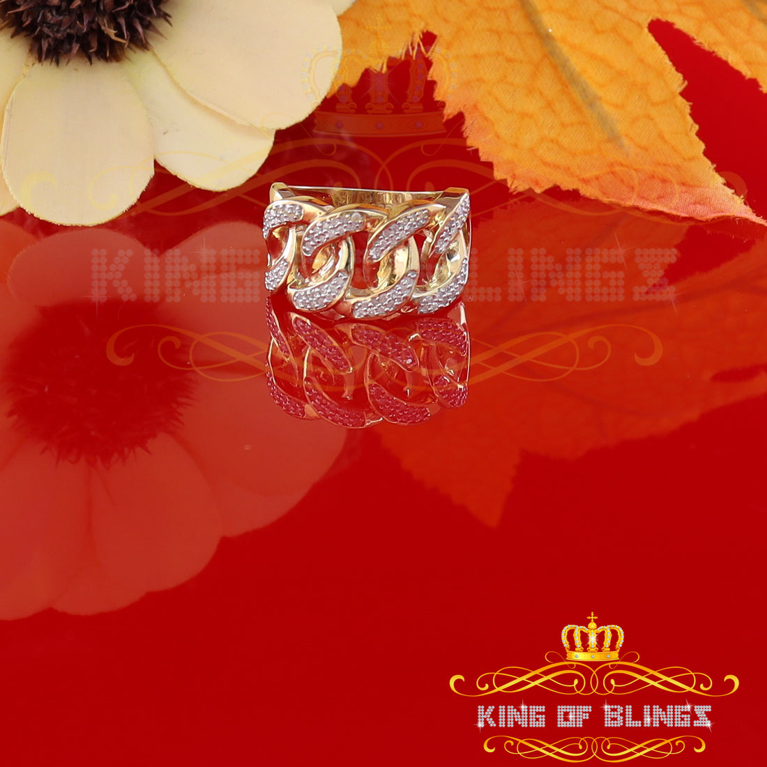 King Of Bling's 925 Sterling Silver Yellow Womens Ring Size 8 With Miami Cuban 0.33 CT Diamond