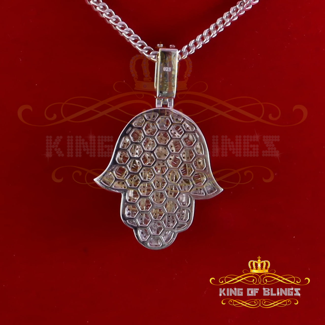 King Of Bling's White Sterling Silver Charm Hamsa Pendant 8.0ct VVS D Moissanite Men's & Women's KING OF BLINGS