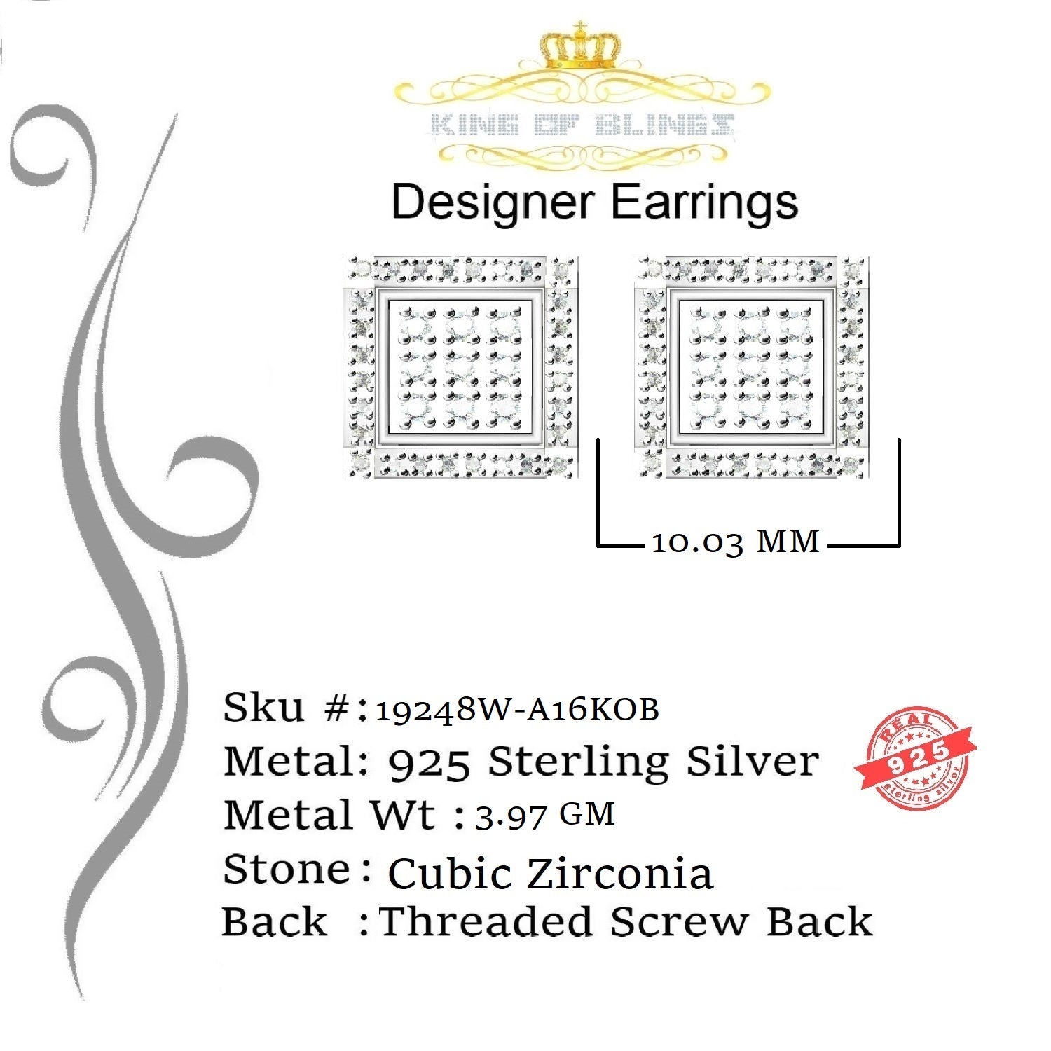 King of Blings- 925 Silver White Elegant 0.99ct Square Screw Back Cubic Zirconia Women's Earring KING OF BLINGS