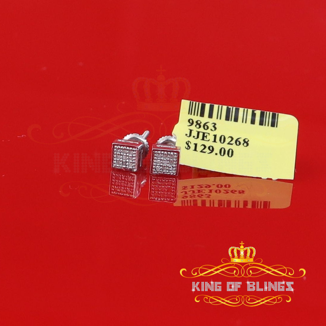 King Of Bling's 0.05ct Micro Pave 925 White Silver Diamond Square Earring For Men's & Women's KING OF BLINGS