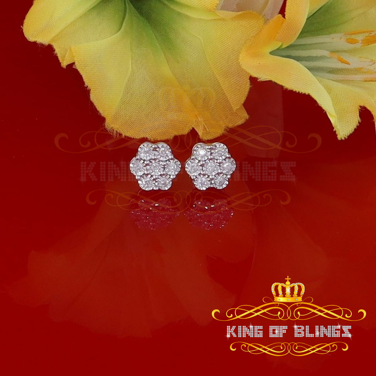 King Of Bling's 0.30ct Diamond 925 Sterling Silver White Flower Earrings For Men's / Women's
