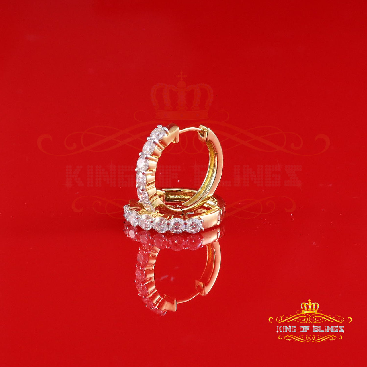 King  of Bling's Men's/Women's 925Silver Yellow1.50ct VVS'D'Moissanite 1 row Stones Hoop Earrings