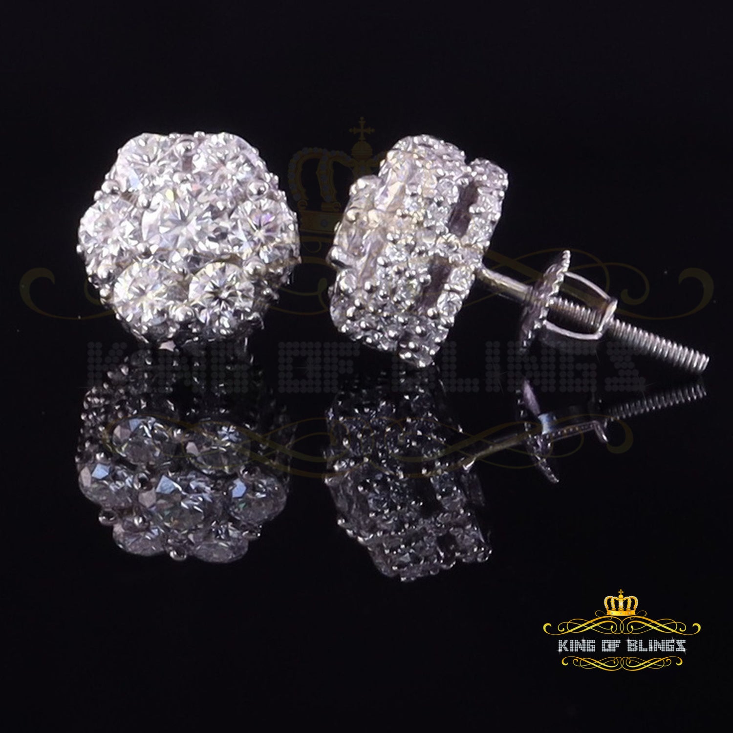 King of Bling's 925 Silver White 1.50ct VVS 'D' Men's & Womens Moissanite Floral Stud Earrings KING OF BLINGS