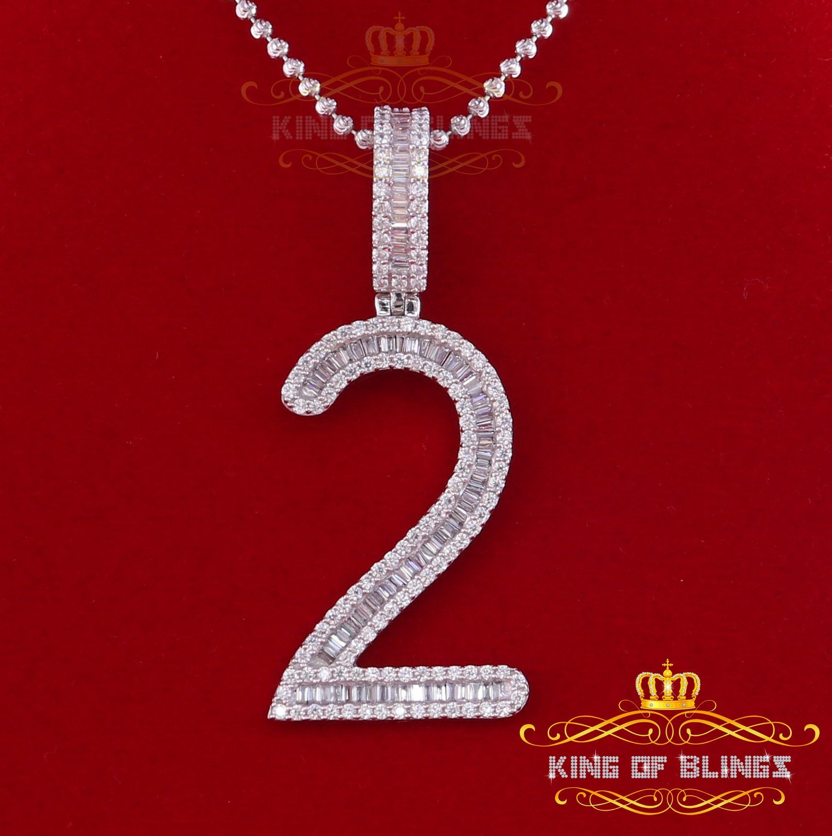 4.50ct Cubic Zirconia White 925 Sterling Silver Baguette Numeric '2' Pendant KING OF BLINGS