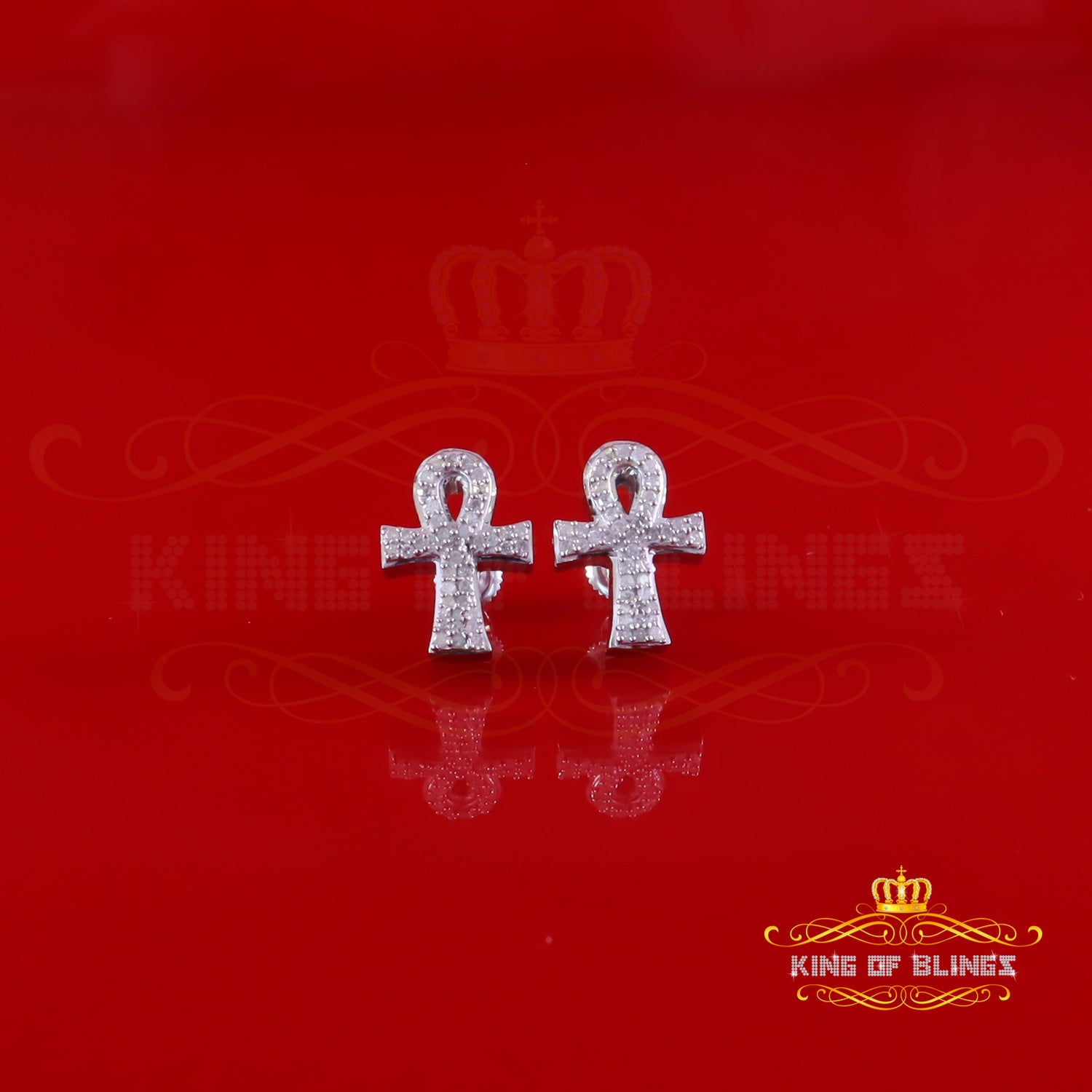 King Of Bling's New 0.40ct Diamond 925 Sterling Silver White for Men's & Women Stud ANKH Earring King of Blings