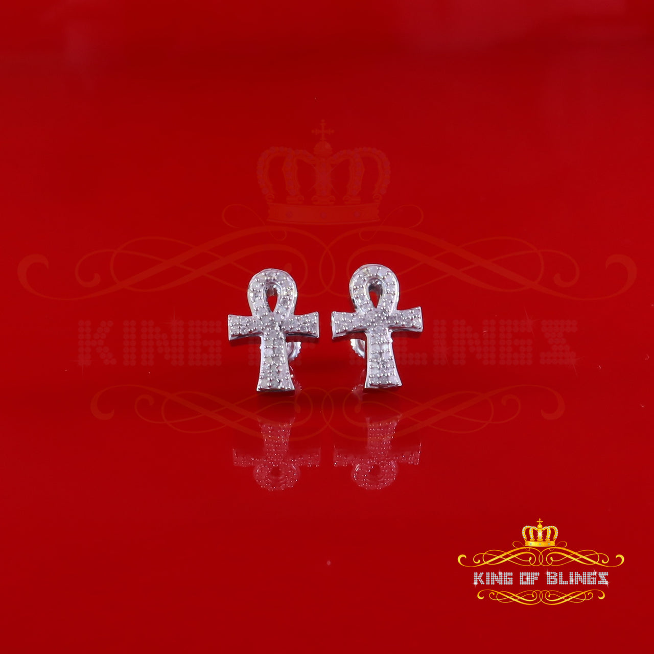 King Of Bling's New 0.40ct Diamond 925 Sterling Silver White for Men's & Women Stud ANKH Earring