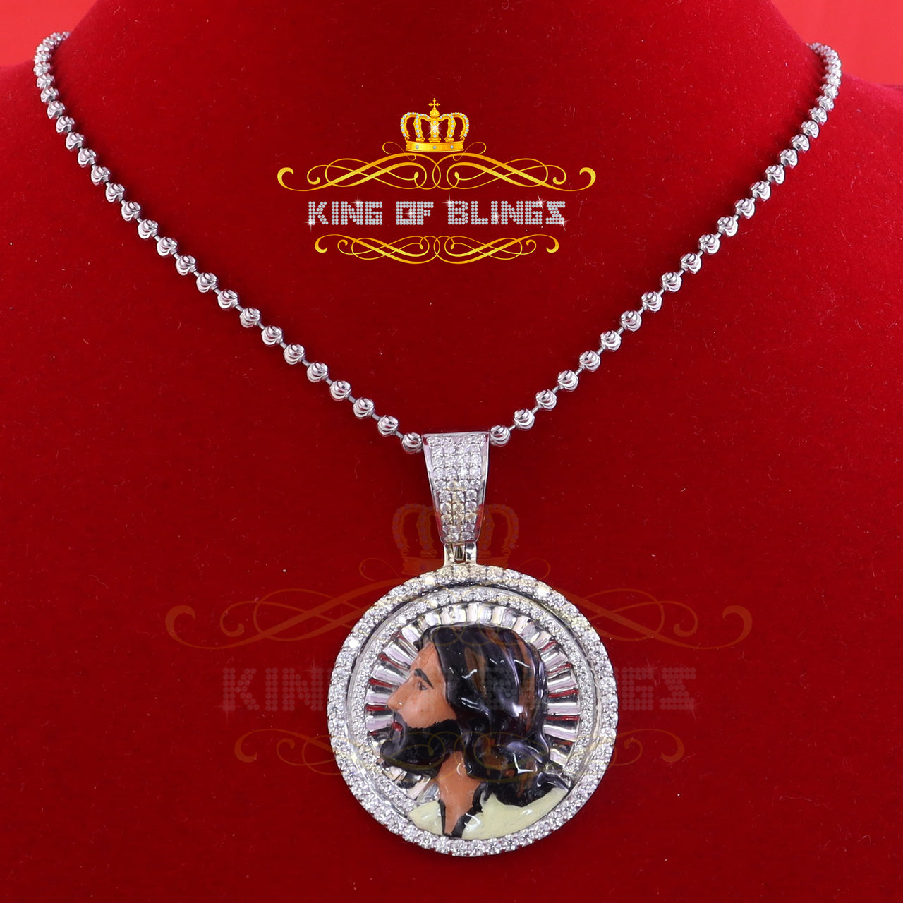 King Of Bling's 1.50 inch 925 Silver Enamel JESUS White Pendant 3.00ct Moissanite for He/She KING OF BLINGS