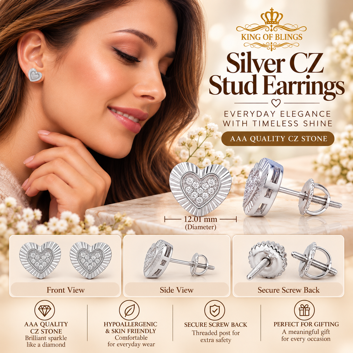 King of Bling's Aretes Para Hombre 925 White Silver 1.36ct Cubic Zirconia Heart Women's Earrings KING OF BLINGS