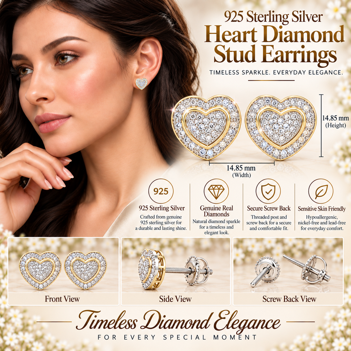 King Of Bling's Aretes Para Hombre Heart 925 Yellow Silver 0.33ct Diamond Women's Style Earrings KING OF BLINGS