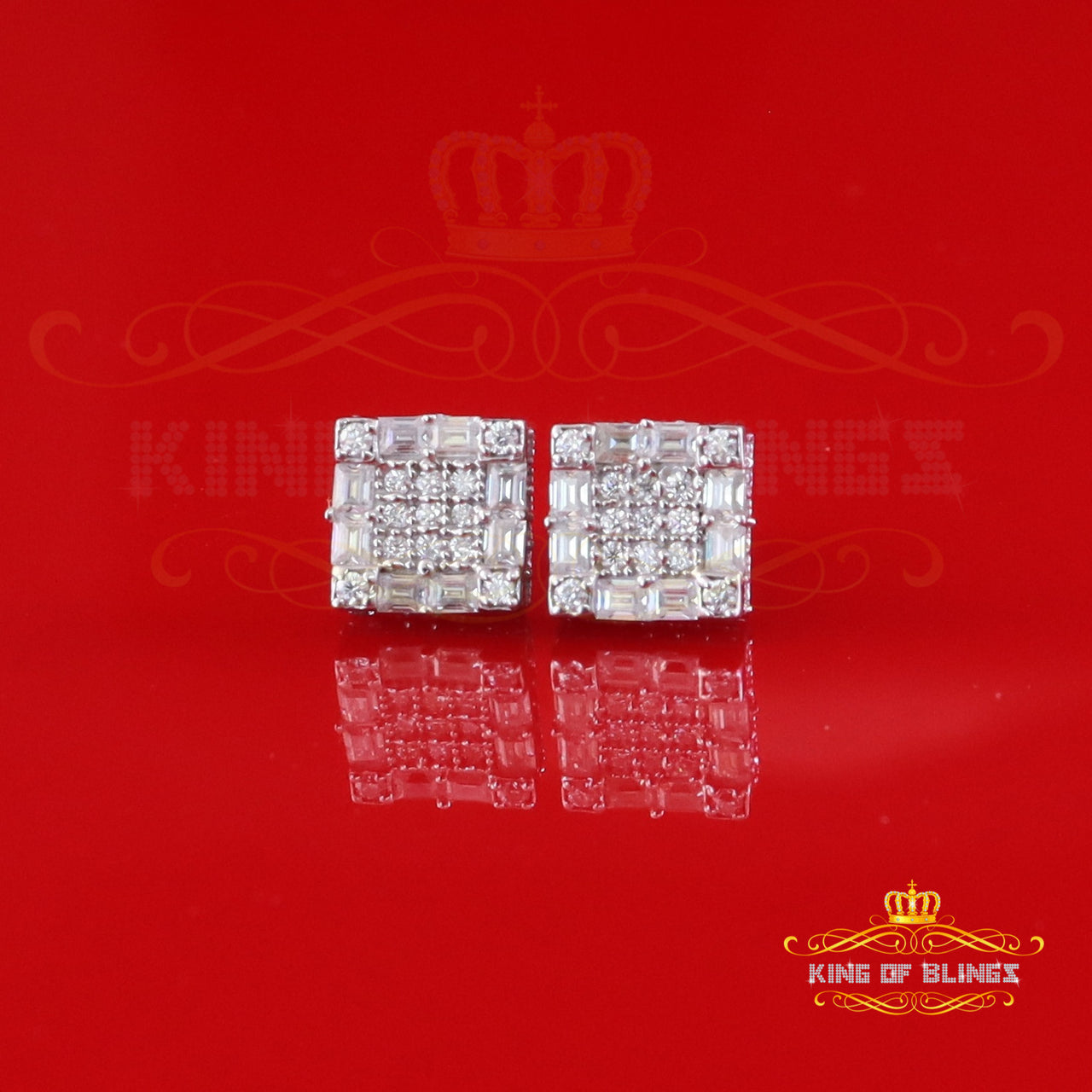 King of Bling's White Silver 1.00ct VVS 'D' Moissanite Square Stone Earring Men's/Womens King of Blings