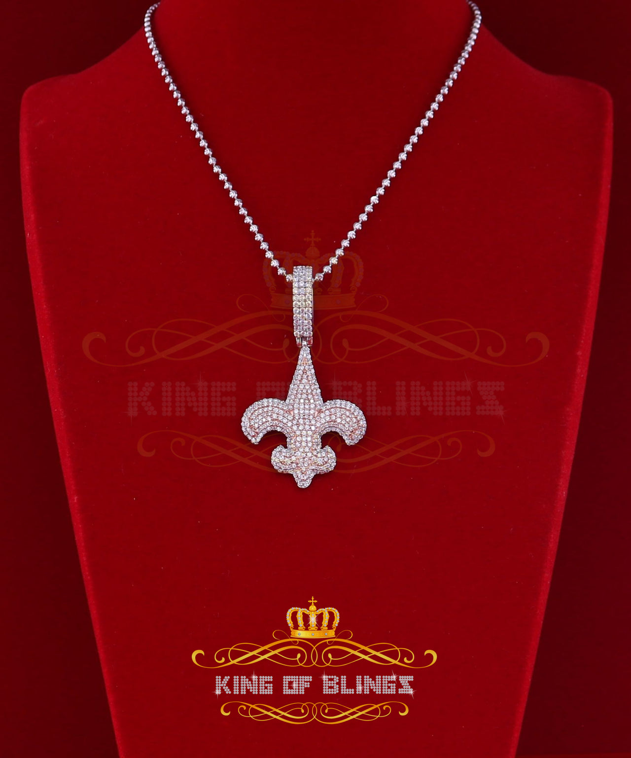 925 Sterling Rosy Silver Fleur de Lis White Pendant with 7.04ct Cubic Zirconia KING OF BLINGS