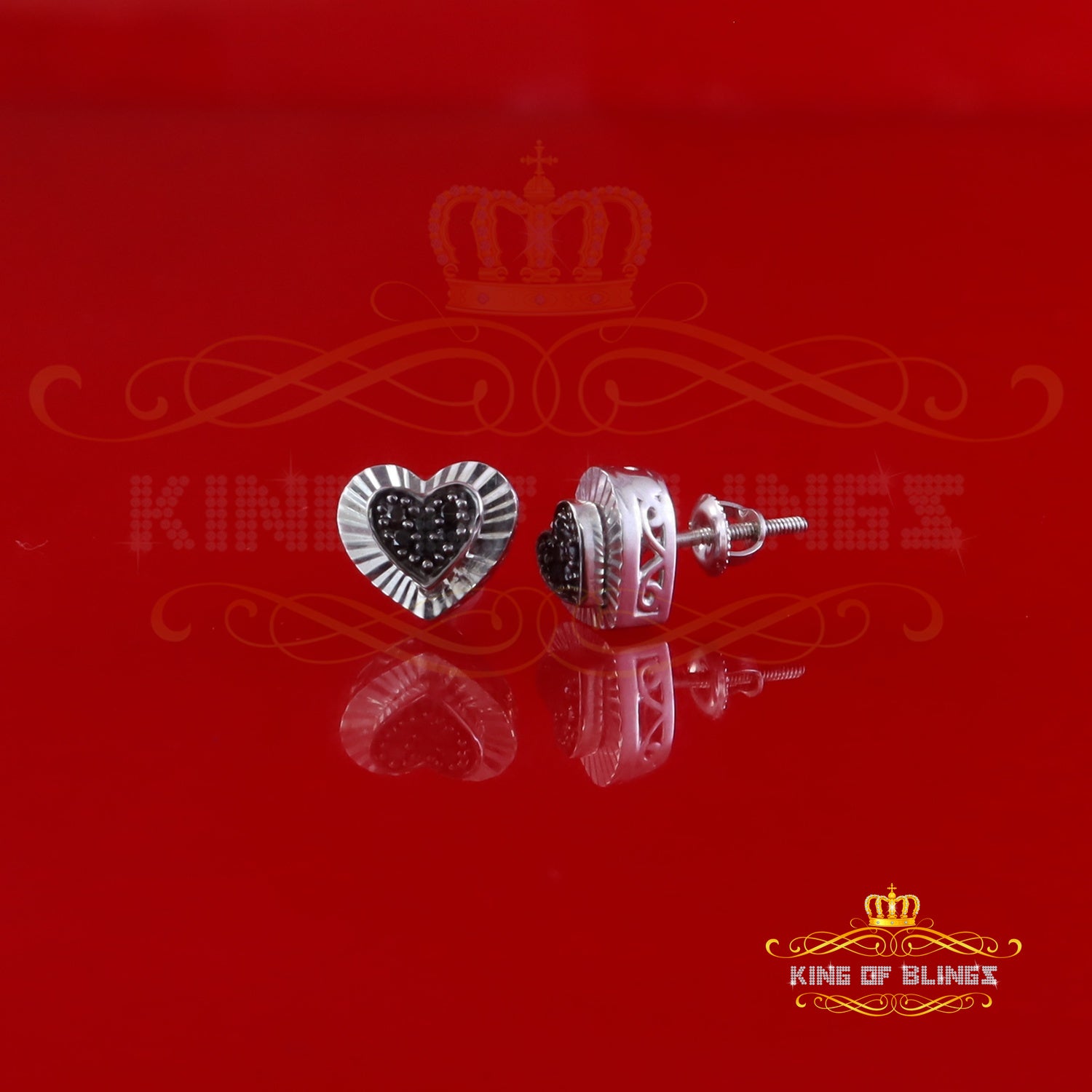 King Of Bling's Heart 925 White Silver 0.12ct Black Diamond Women's /Men's Fashion Earrings KING OF BLINGS