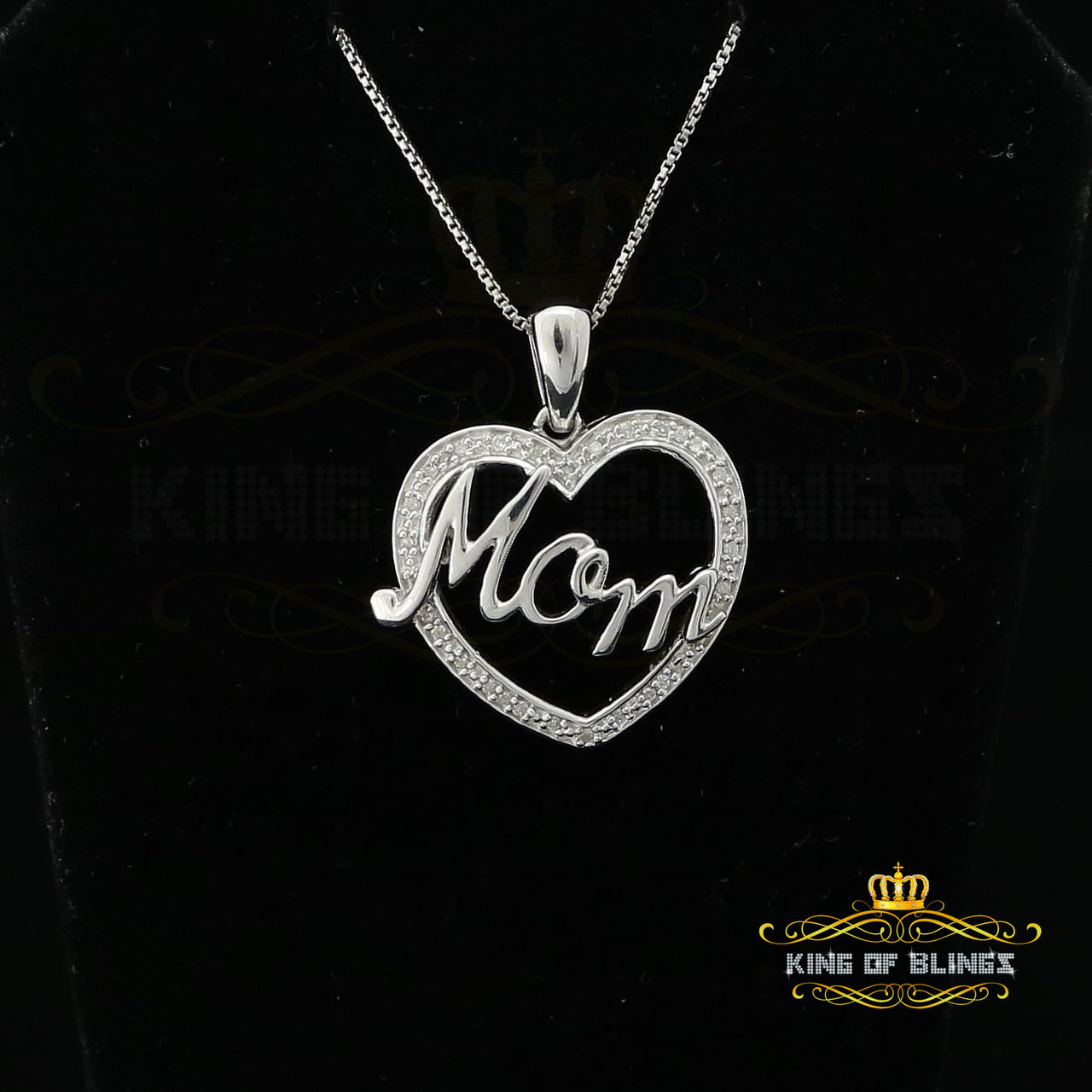 King Of Bling's Sterling Silver White Real 0.10CT Diamond HEART MOM'S Charm Necklace Pendant KING OF BLINGS