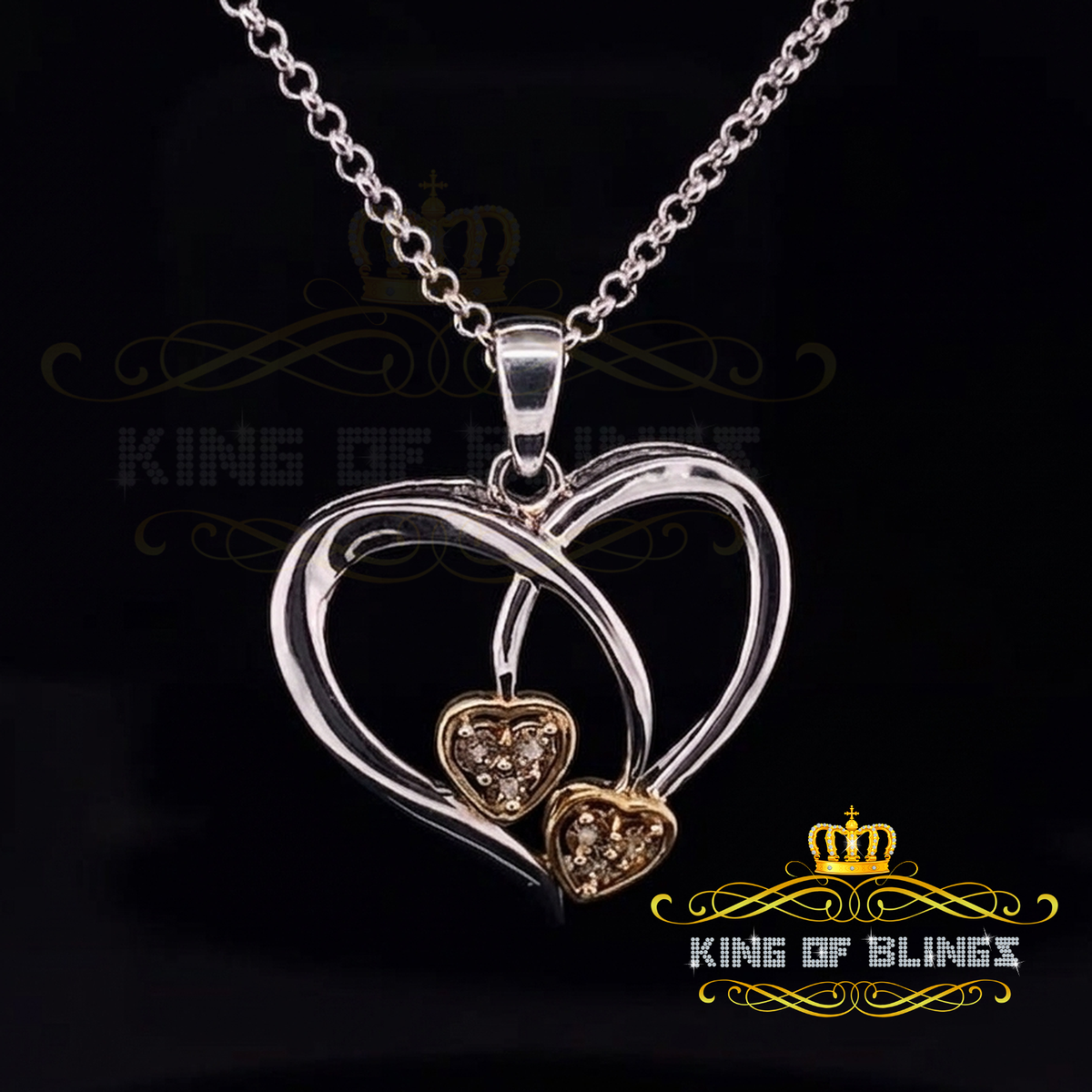 King Of Bling's 0.03CT Real Diamond Double HEART Sterling Silver with White Charm Pendant KING OF BLINGS